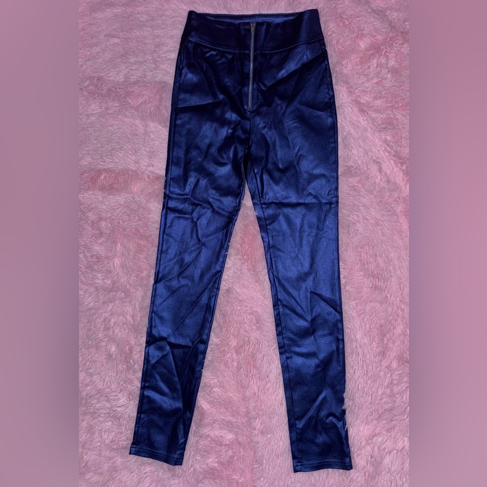 Sleek Blue High Waisted Metallic Pants - Size Medium